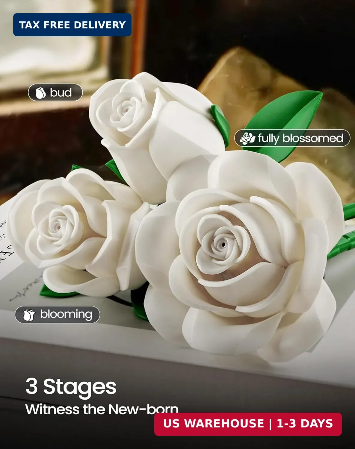 White Rose Bouquet Building Set 12PCS Botanical Flowers Home Decor Gift