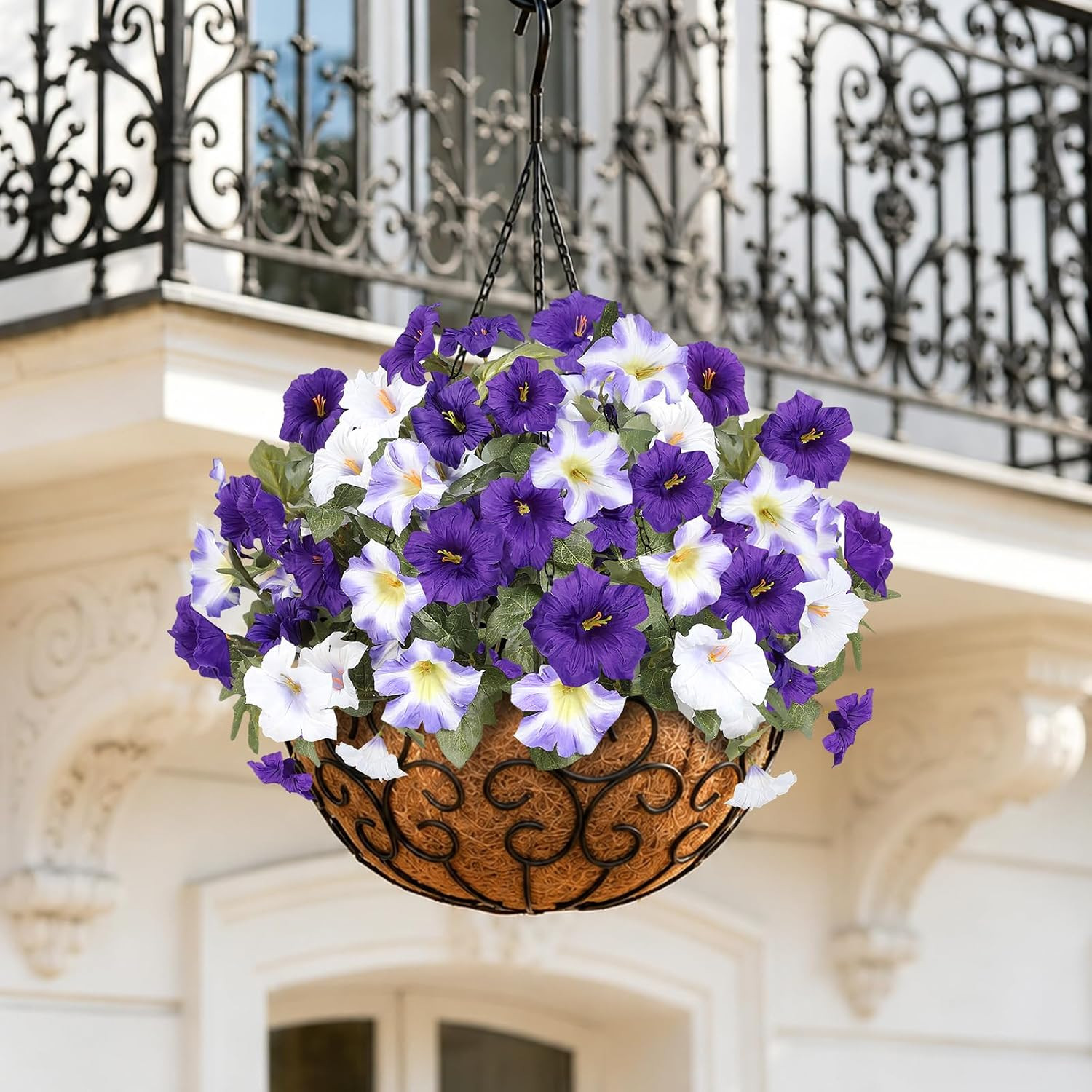 UV Resistant Large Faux Petunias – 8 Bundles for Outdoor Decor (Purple-White)