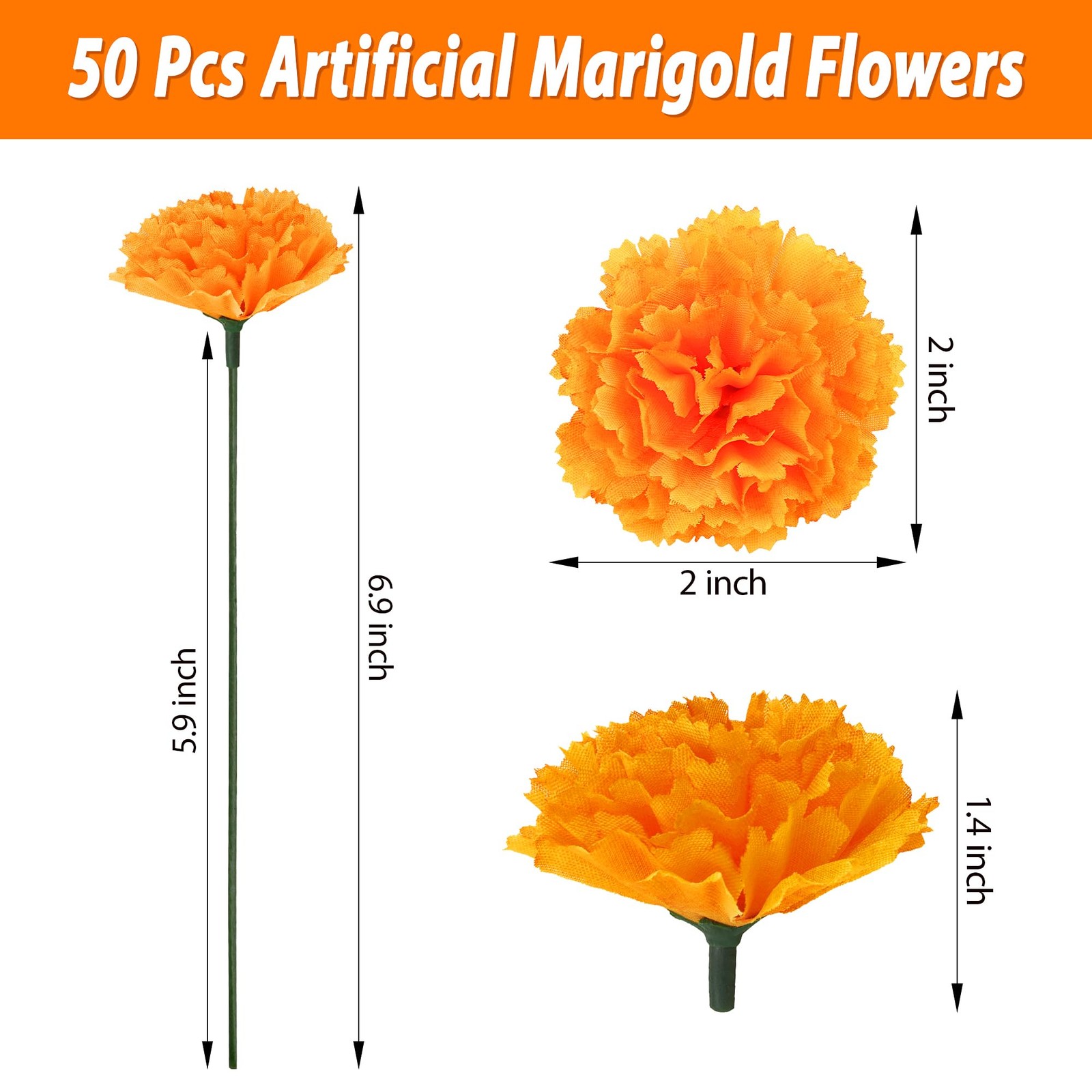 50 Pcs Artificial Marigold Flowers,2″ Silk Marigold Flower Heads with Stems,O…