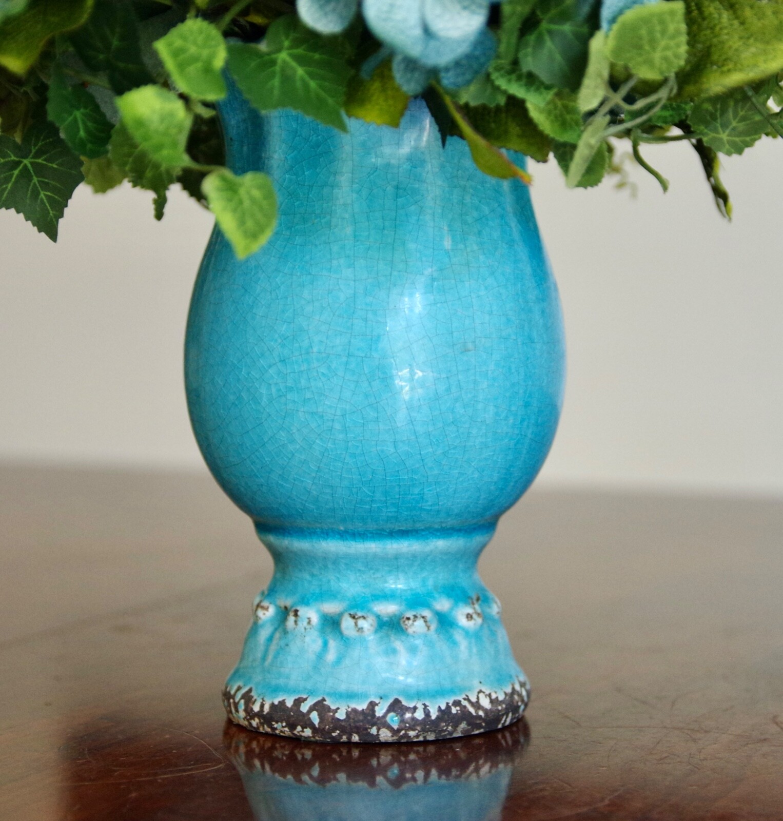 Silk Arrangement of Blue Roses, Hydrangeas and Beige Lilies in Blue Ceramic Vase