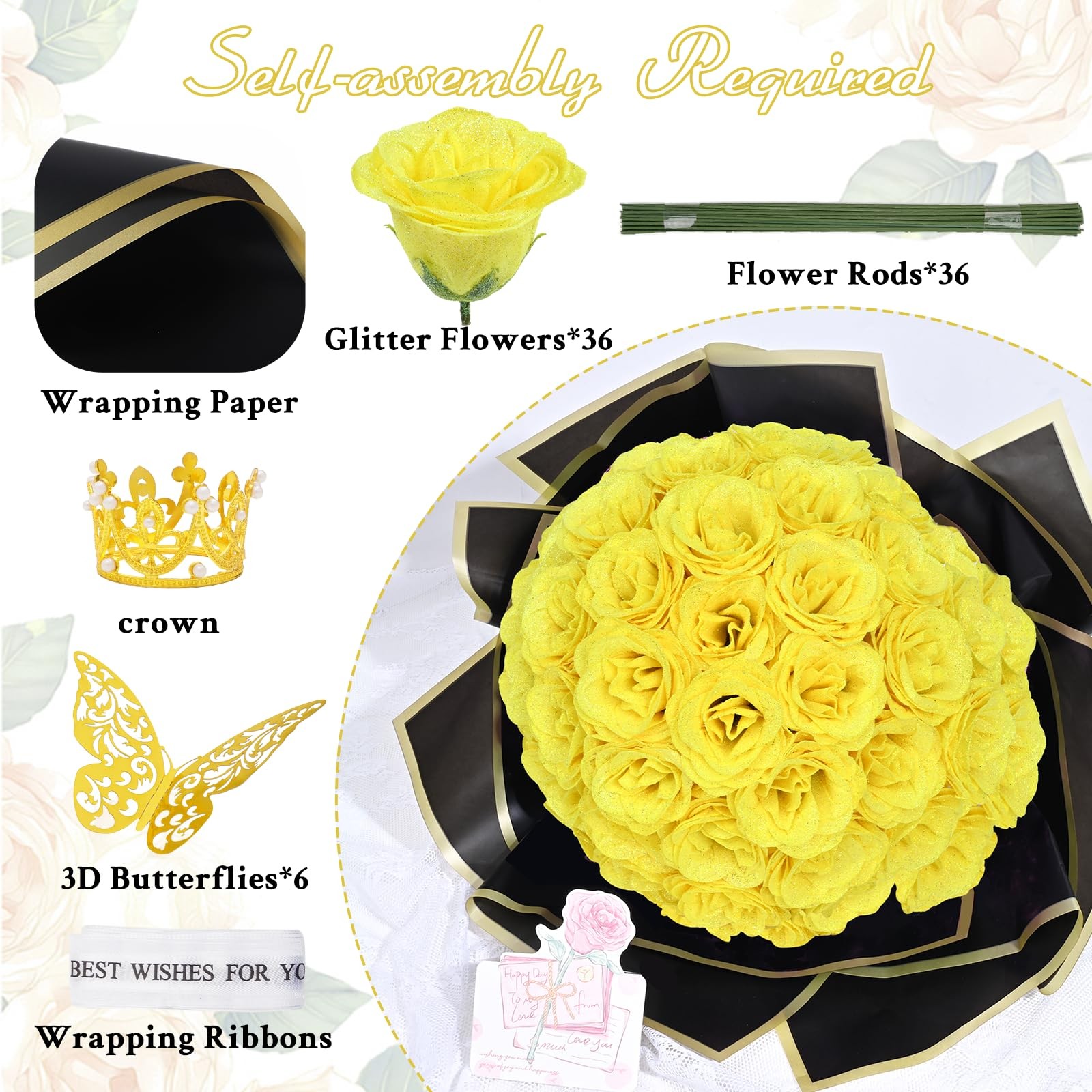 36 Yellow Glitter Roses Bouquet, DIY Fake Flowers, Everlasting, Valentines, Gift
