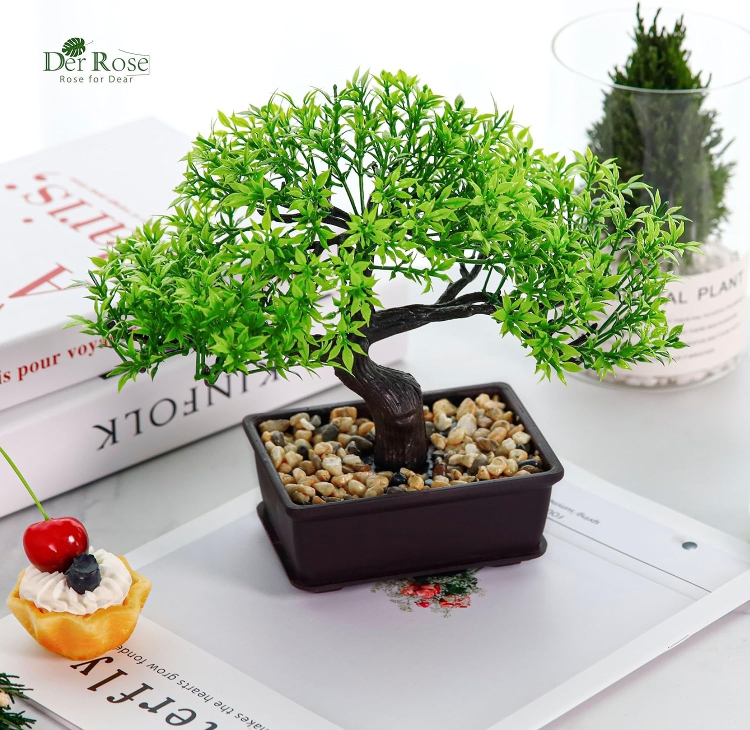 Der Rose 8” Artificial Bonsai Tree Small Fake Potted Plants for Green-ficus