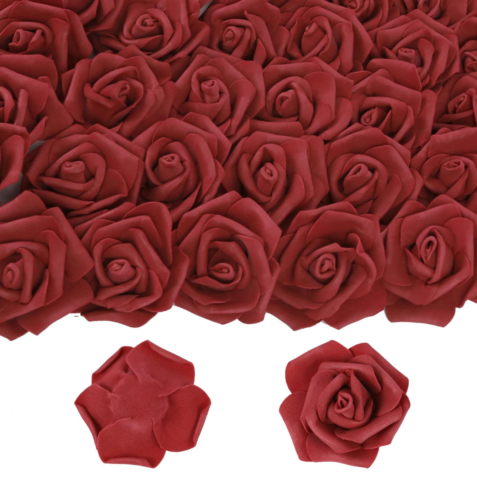 50 PCS Burgundy Foam Rose Stemless Artificial Flower Head Bulk 2.75in Mini Fa…
