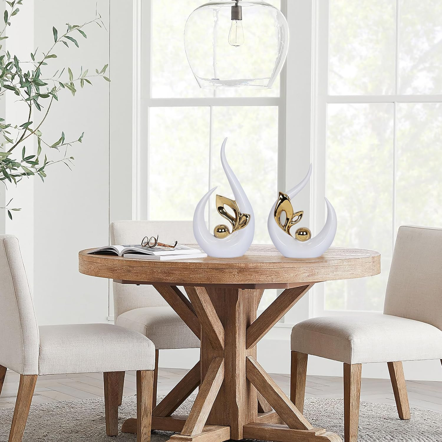 2 PCS White Home Decor Accent White and Gold Dining Table Centerpiece Decor Cera