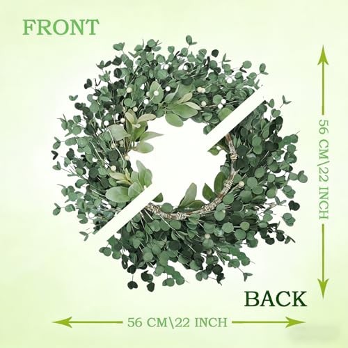 22-inch Spring Wreath Artificial Green Eucalyptus Leaves Wreath with White