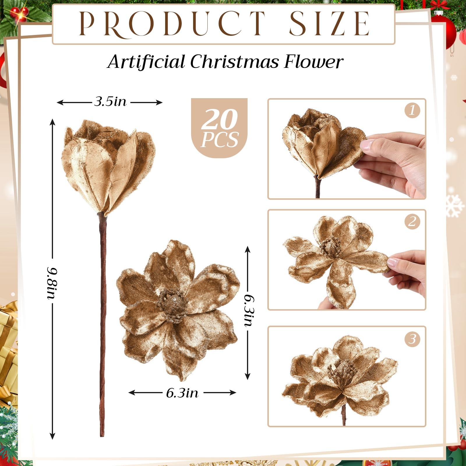20 PCS Gold Christmas Glitter Poinsettia Magnolia Flowers Tree Wreath Ornament