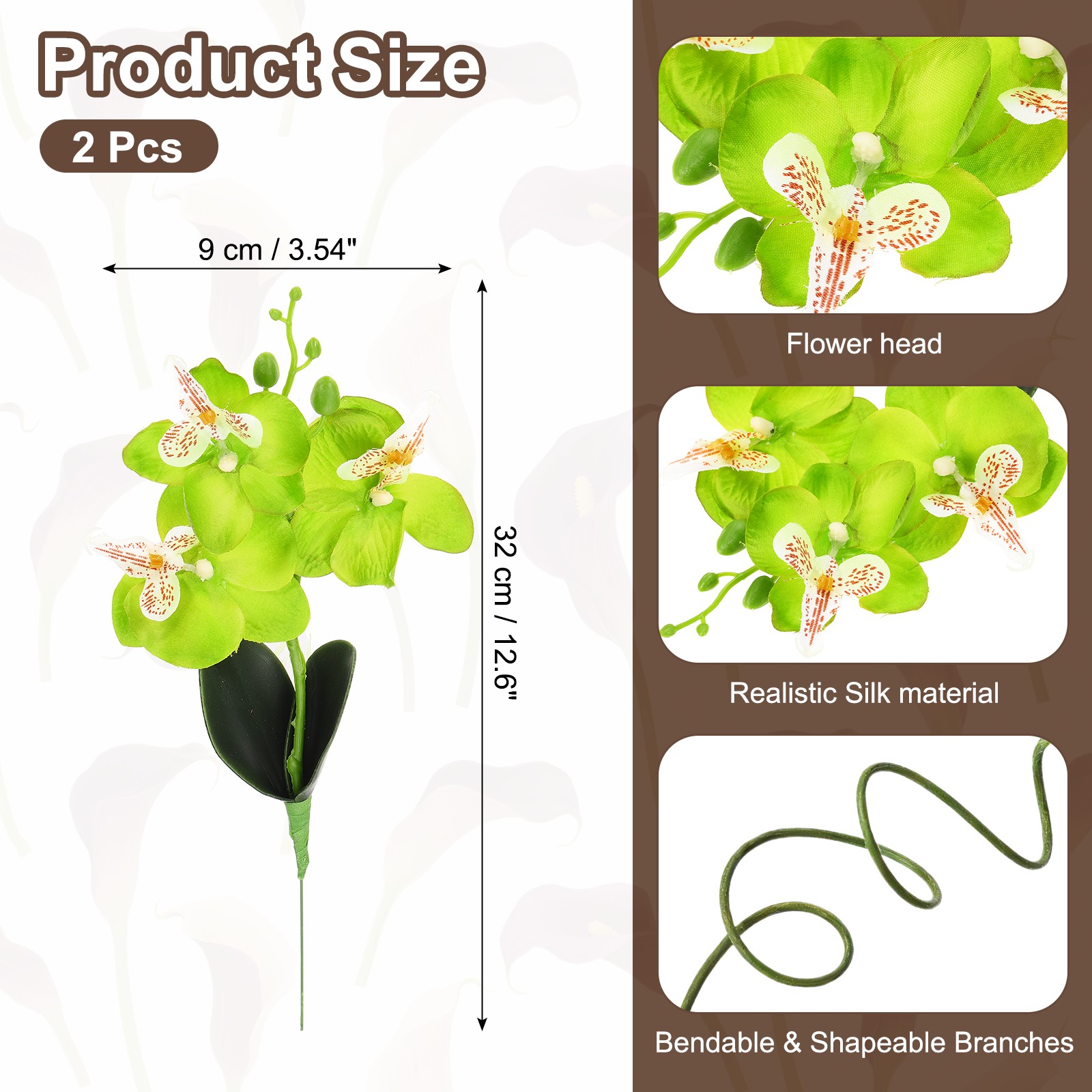 2 Pcs 13 Inch Artificial Phalaenopsis Fake Flowers Real Touch, Green