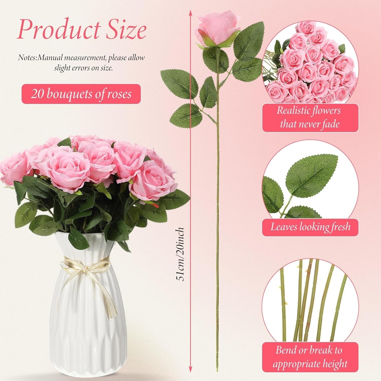 20 Pcs Artificial Rose Flowers with Long Stem, Pink