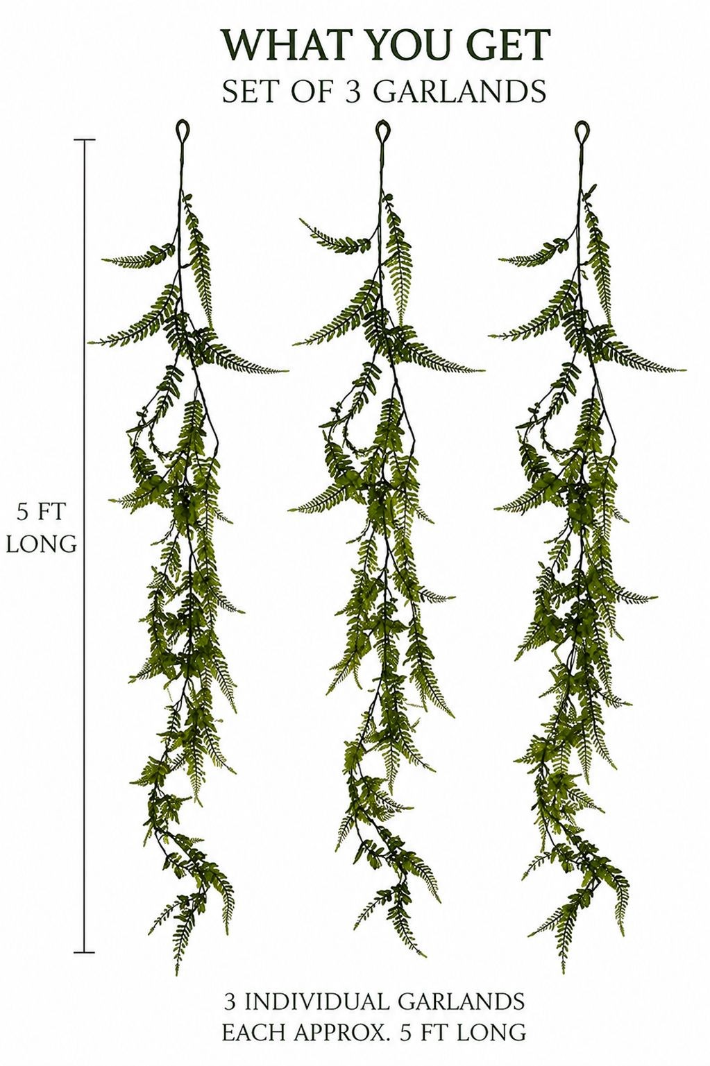 Set of 3 Hanging Greenery Garlands 5 Foot Artificial Fern Garland Trailing Green