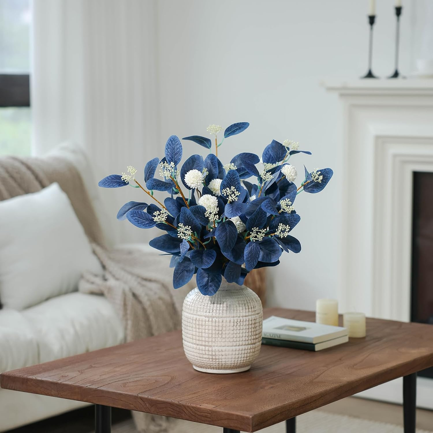 Blue Eucalyptus & Beige Silk Mums – 15Pcs Faux Floral Arrangement for Decor