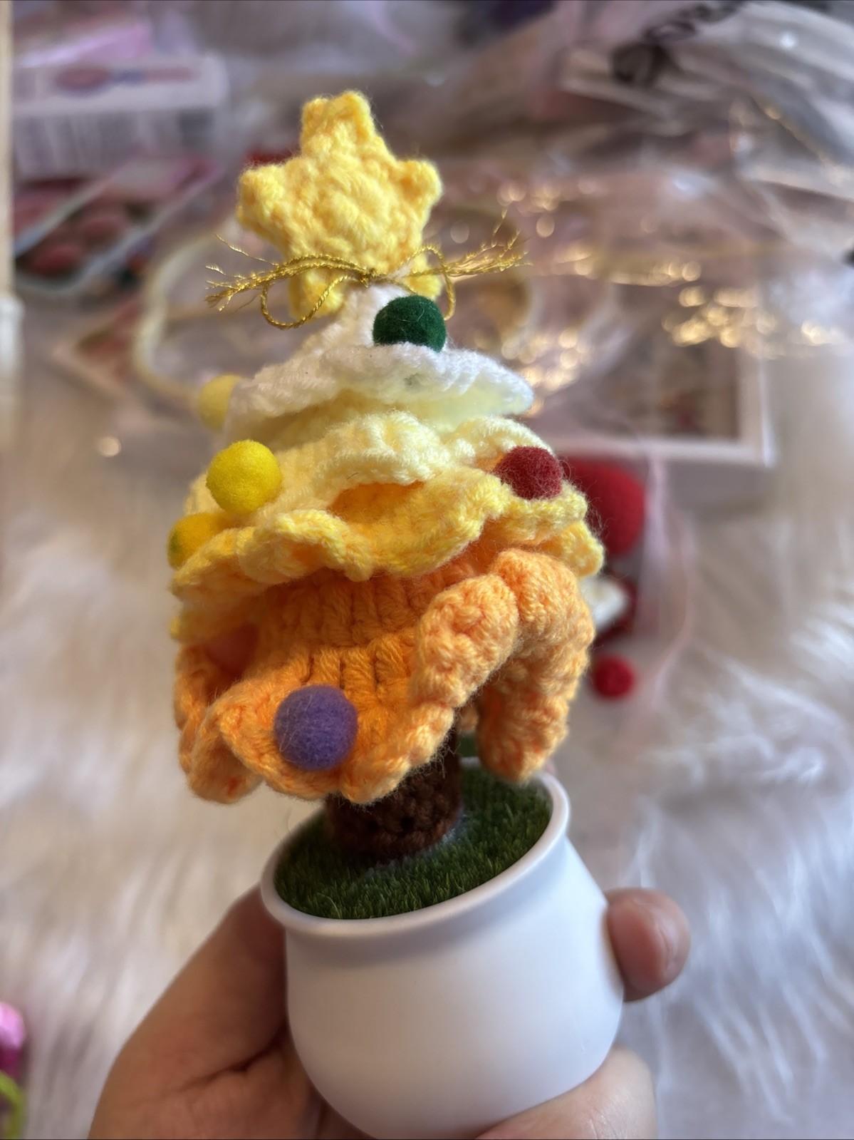 Handmade Crochet Christmas Tree Potted Plant Kawaii Pom Pom Desk Decor Gift