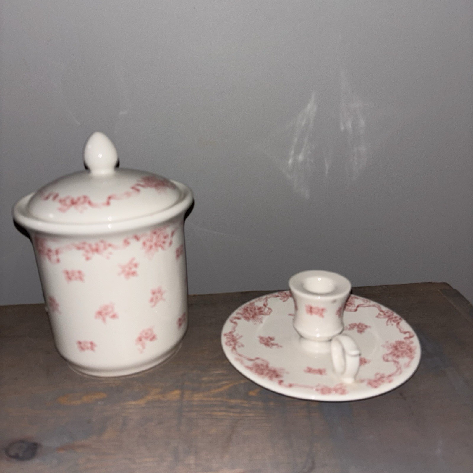 Laura Ashley Jar Canister Cotton Ball Holder & Candlestick Holder Pink Ribbons