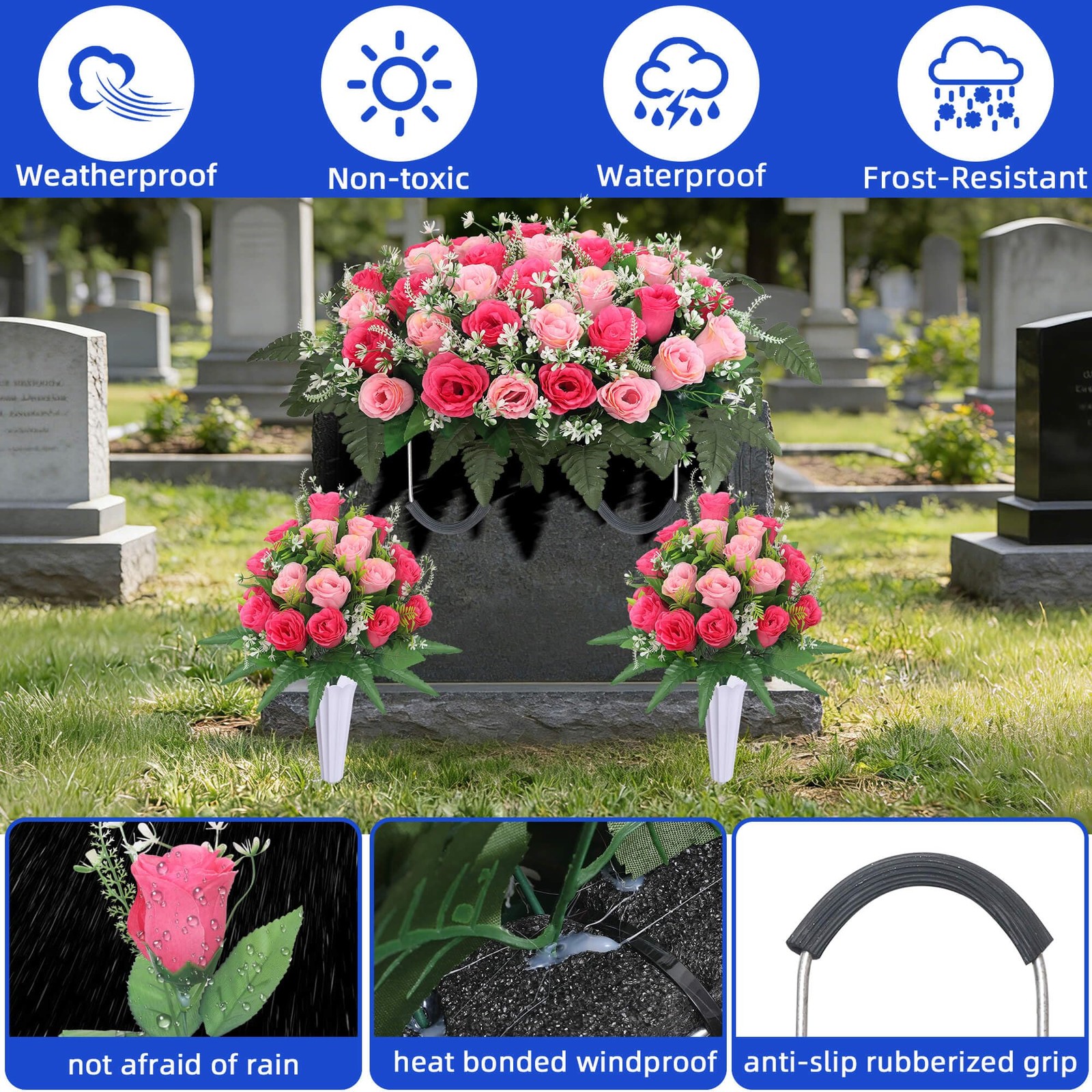Lodou 3 Sets Cemetery Flowers for Grave,Headstone Flower Saddle,Grave Memorial F