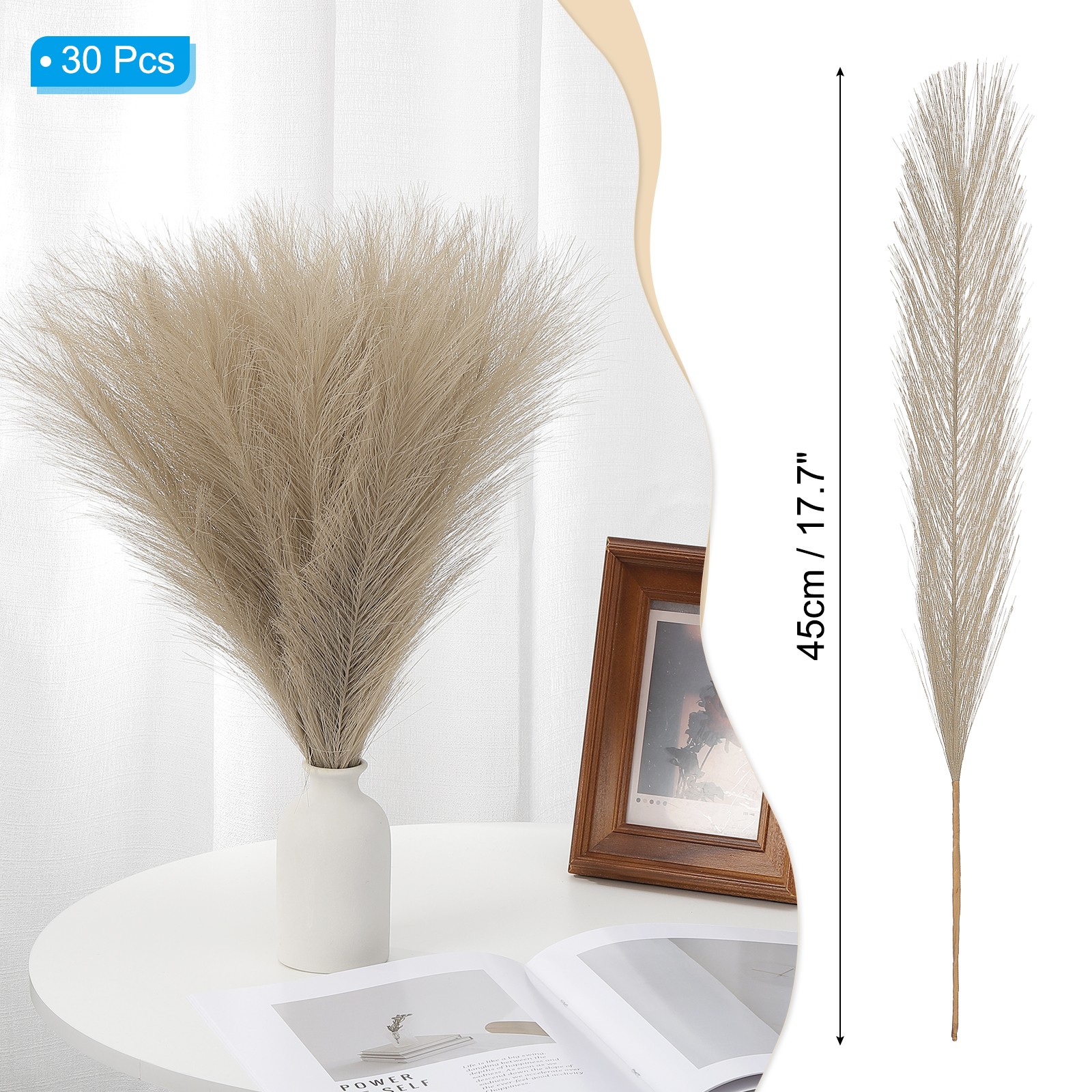 17.7in Pampas Grass Decor 30pcs Bulk Fluffy Faux Small Dried Pampas Grass Brown