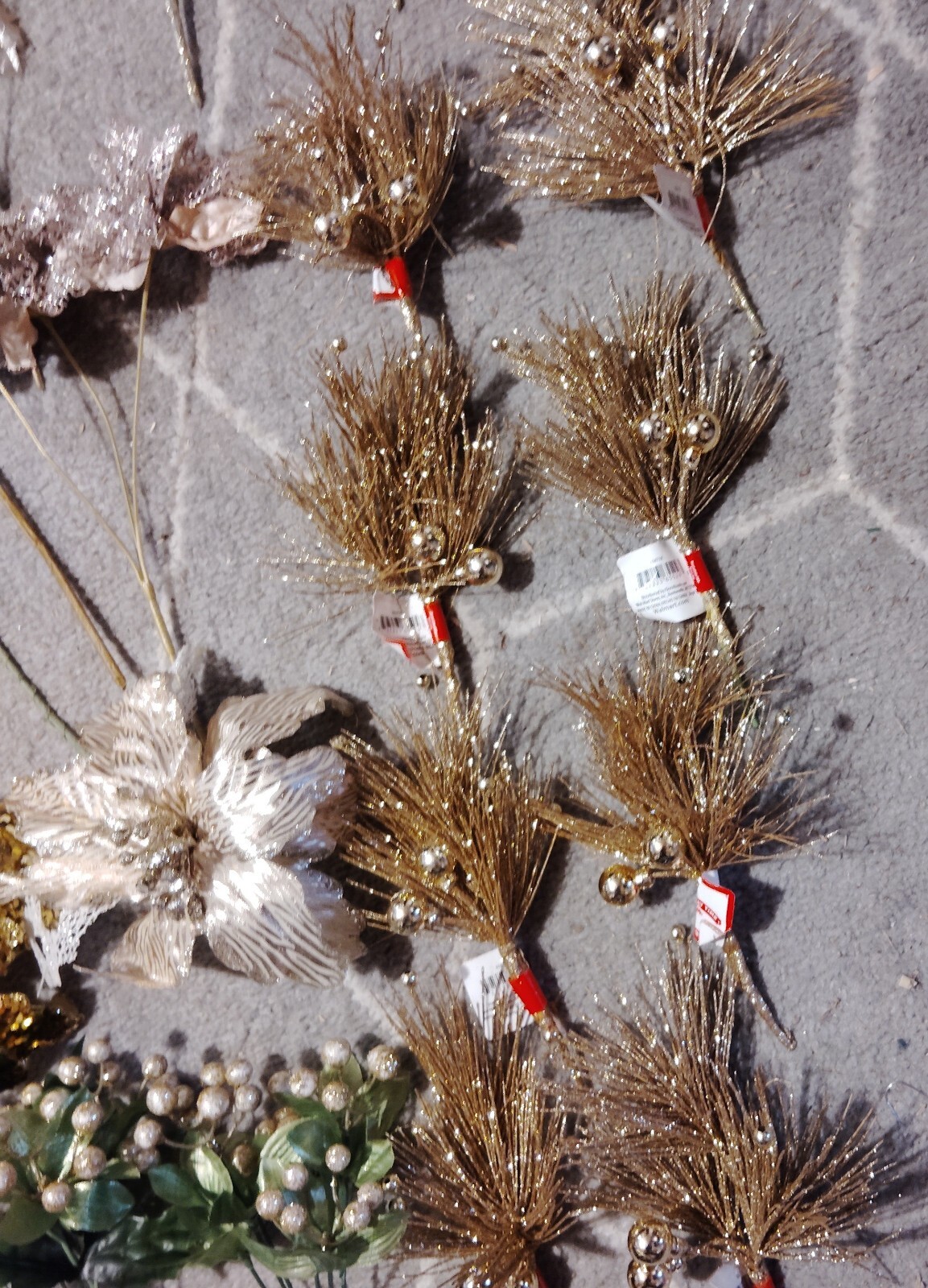 21 Faux Glitter Gold Branches, Flowers, Balls, Artificial Antler, Trees