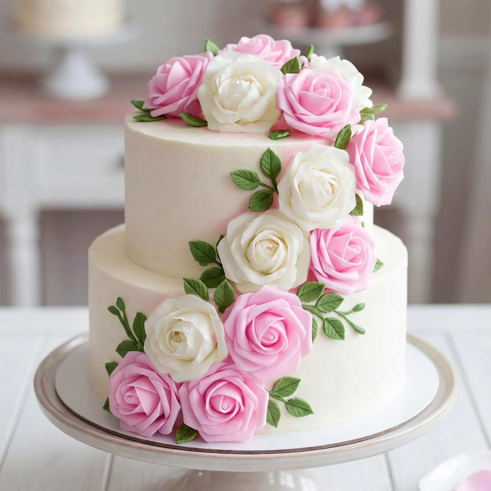 100 PCS Pink White Artificial Rose Flower Heads Foam Fake Roses Wedding DIY