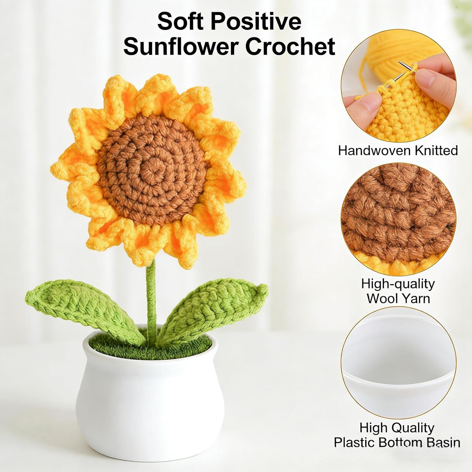 Handmade Crochet Sunflower Flower Potted Plants, Artificial Knitted Floral Decor