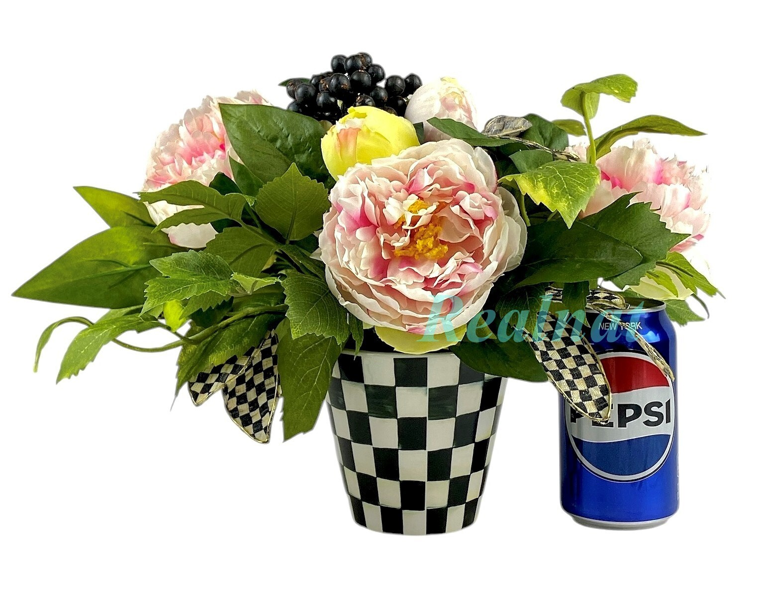 MacKenzie-Childs PEONY ARRANGEMENT COURTLY CHECK POT & LEAVES 11″ NEW NO BOX