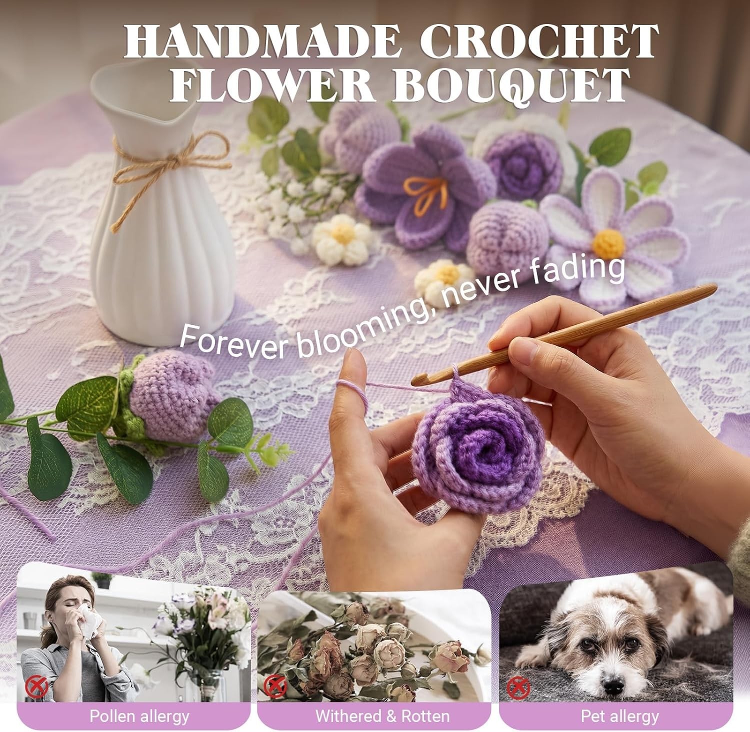 Crochet Flower Bouquet, Purple Handmade Knitted Flowers with Lights & Vase Cr…