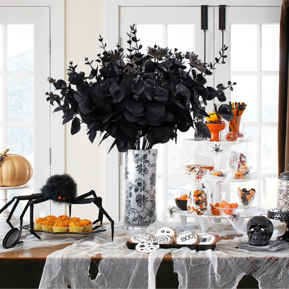 18Pcs Black Artificial Flowers 2 Styles Black Eucalyptus Stems for Table Centerp