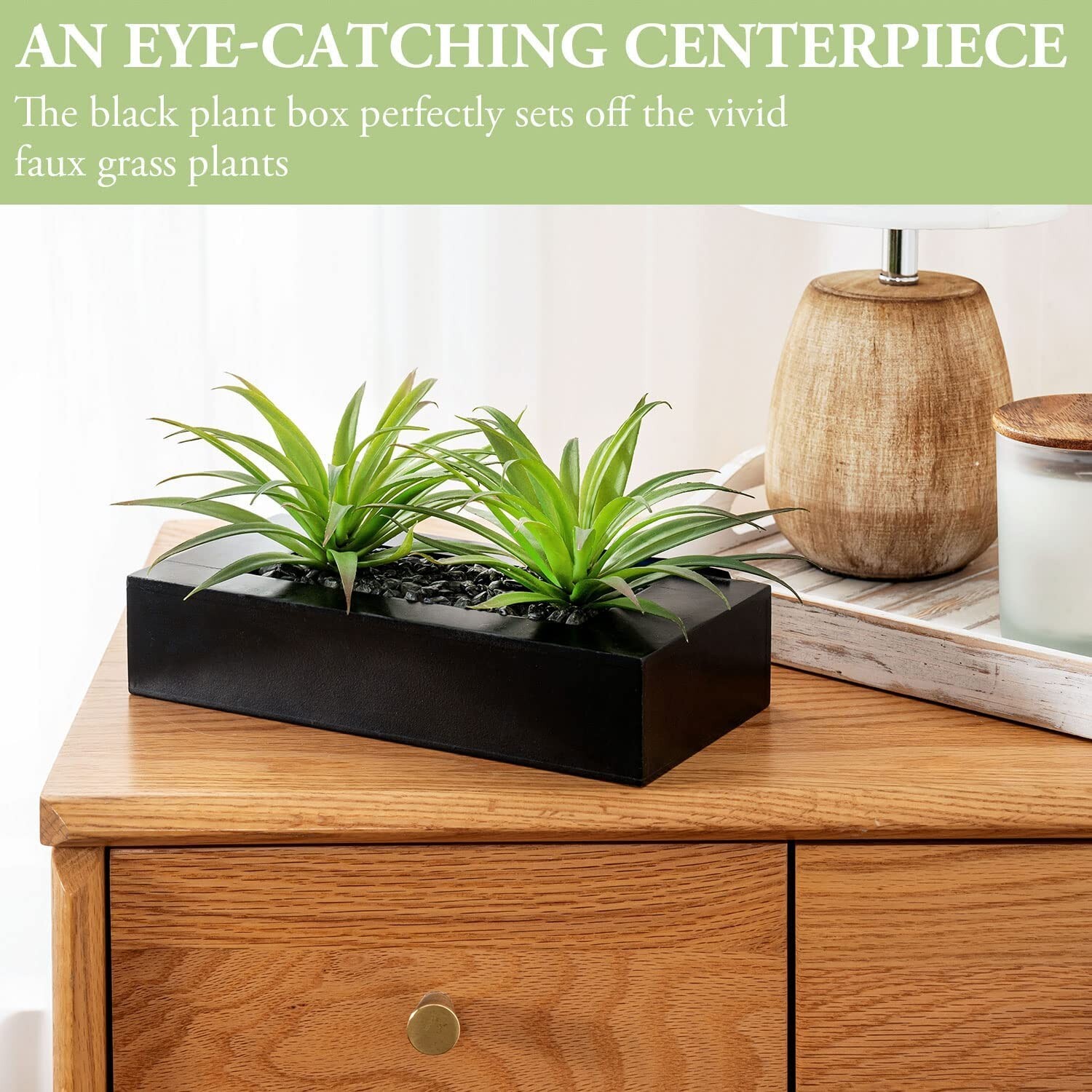Artificial Green Grass Plants in Decorative Black Wood Rectangular Planter Pot