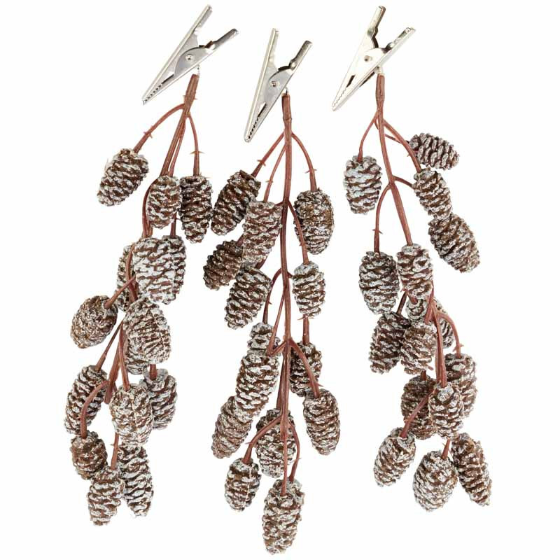 Set of 18 Hanging 7″ Artificial Snowy Pinecone Stems with Clips