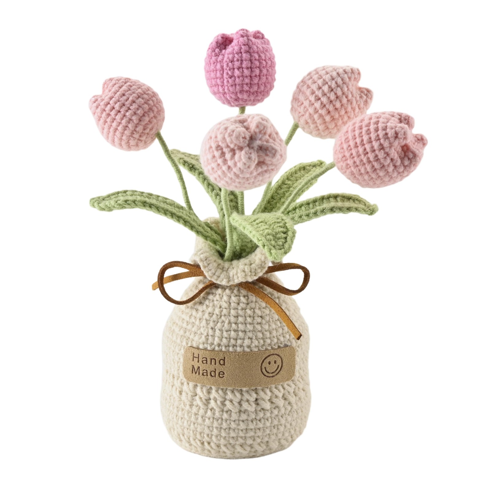 5 PCS Pink Crochet Woven Tulip With Wool Simulation Plant Home Office Decor