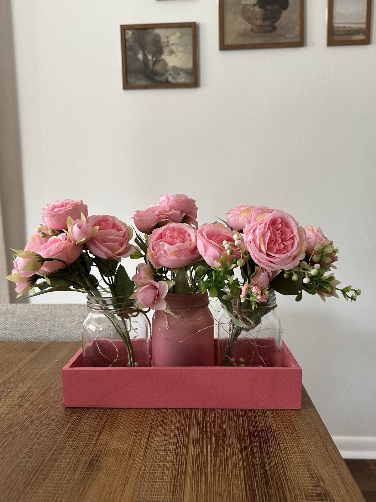 Rustic Pink Mason Jar Centerpiece with Faux Peony Flowers Floral Decor for Home