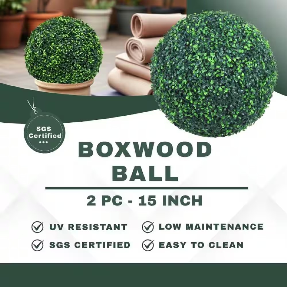 15 In. 2-Pieces Artificial Plant Topiary Ball Faux Boxwood Decorative Balls for