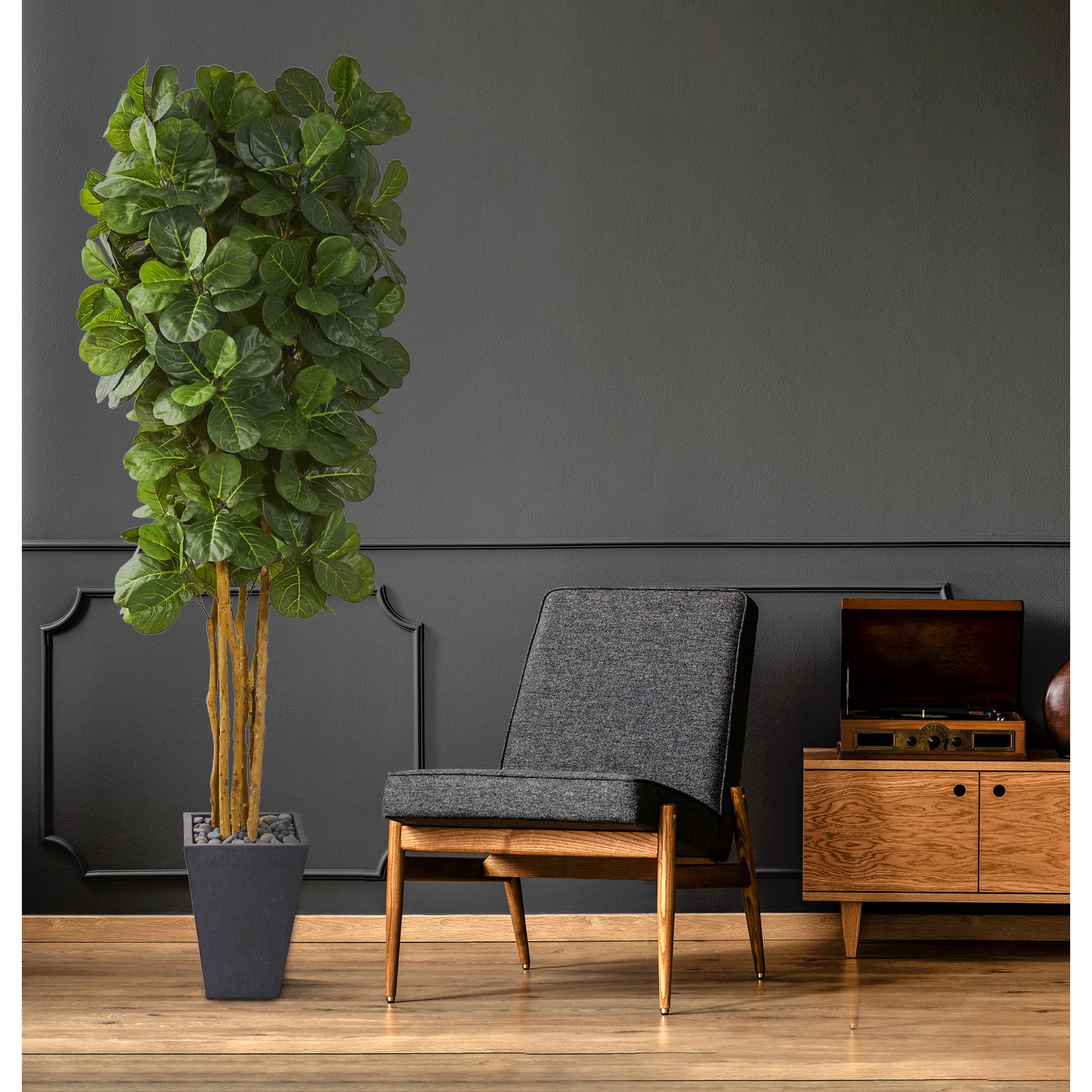 Nearly Natural Fiddle Leaf Artificial Tree in Slate Planter in Green