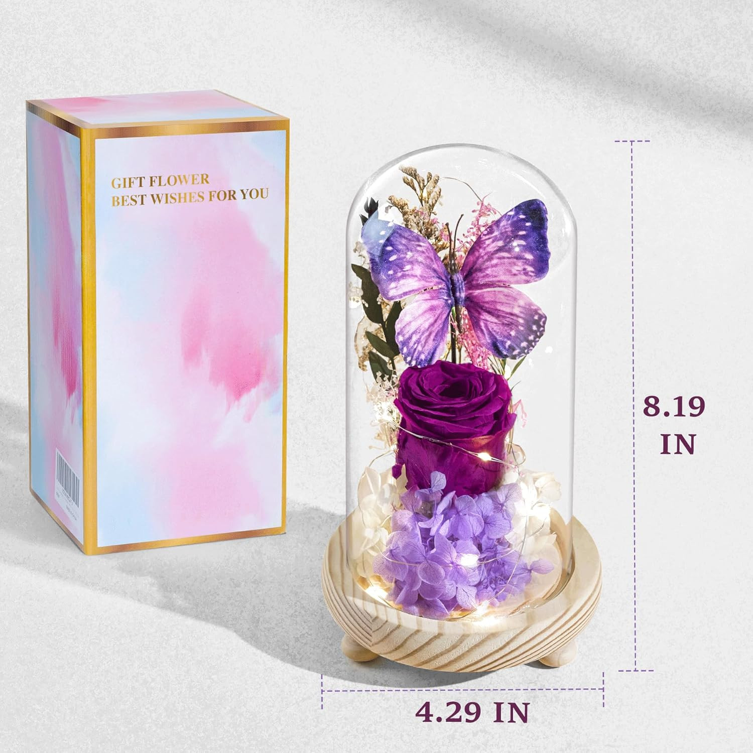 Forever Flowers Preserved Roses Prime Delivery, with Light in Glass Dome for Mom