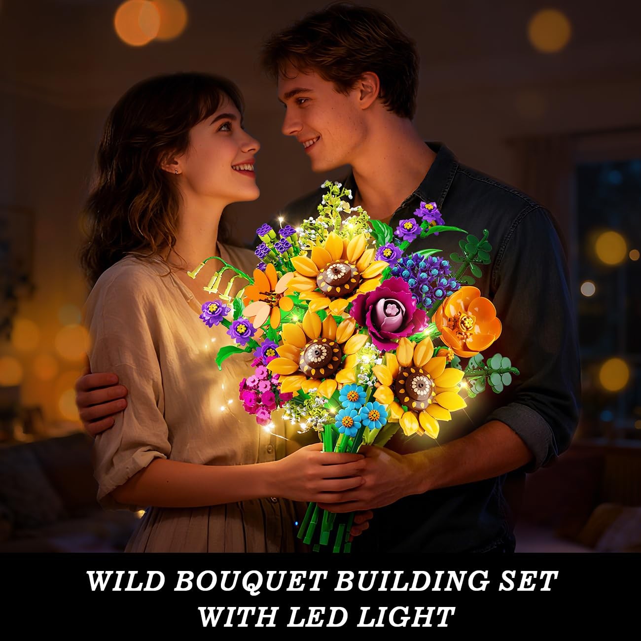 Wildflower Bouquet Building Set 912PCS Flower Arrangement Kit with Lights and