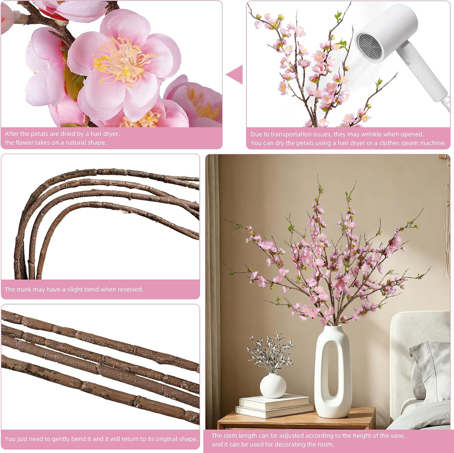 Pink Cherry Blossom Artificial Flowers – 4PCS 35.4” Long Stem Decor