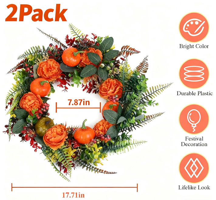 2Pack Pumpkin Wreath Artificial Berries Flowers Autumn Doors Wreath Thanksgiving