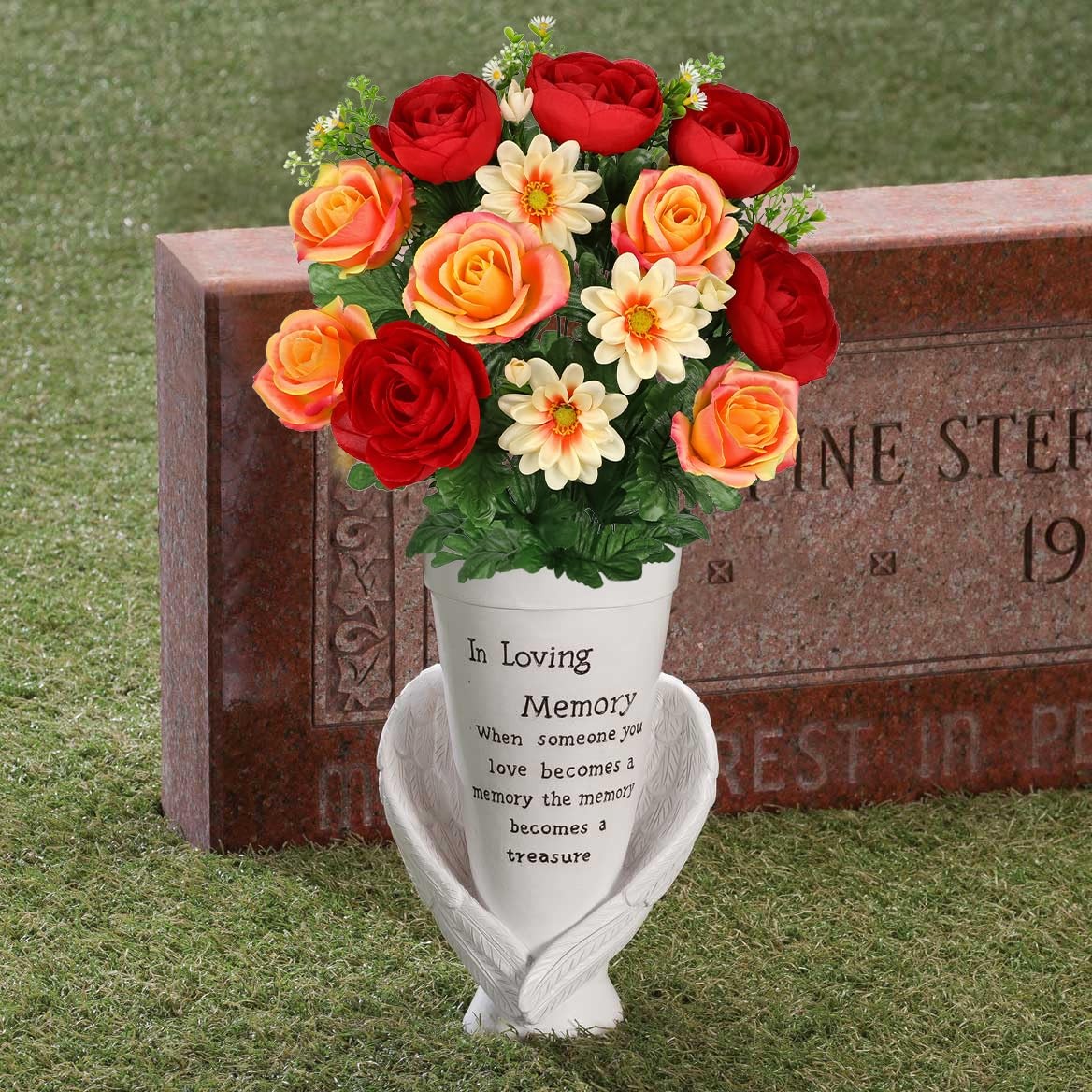 Hollyone Set of 2 Artificial Cemetery Flower for Graves Red Orange Cemetery M…