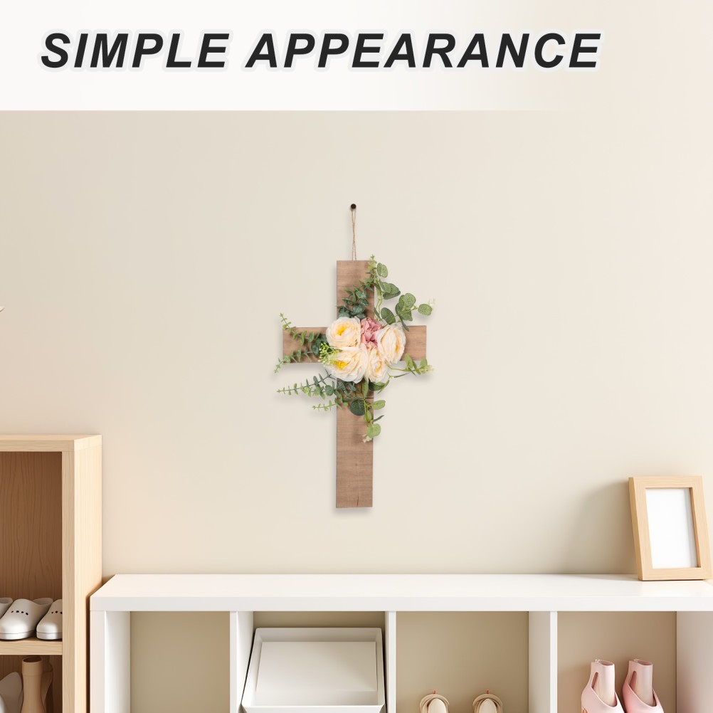 Decorative Wood Cross Wall Hanging with Beige Artificial Flowers Matte Finish
