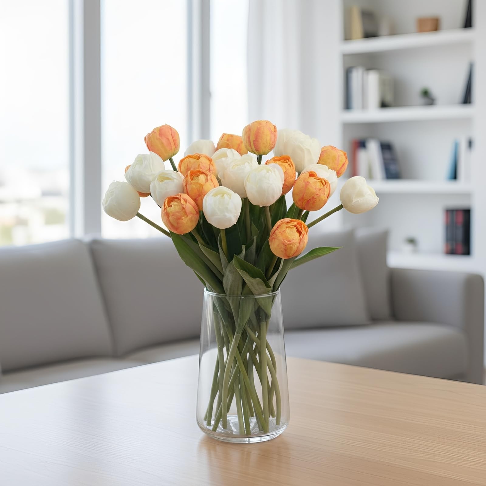 12 PCS White Artificial Silk Faux Tulips 15 Inch Flowers Home Office Decor