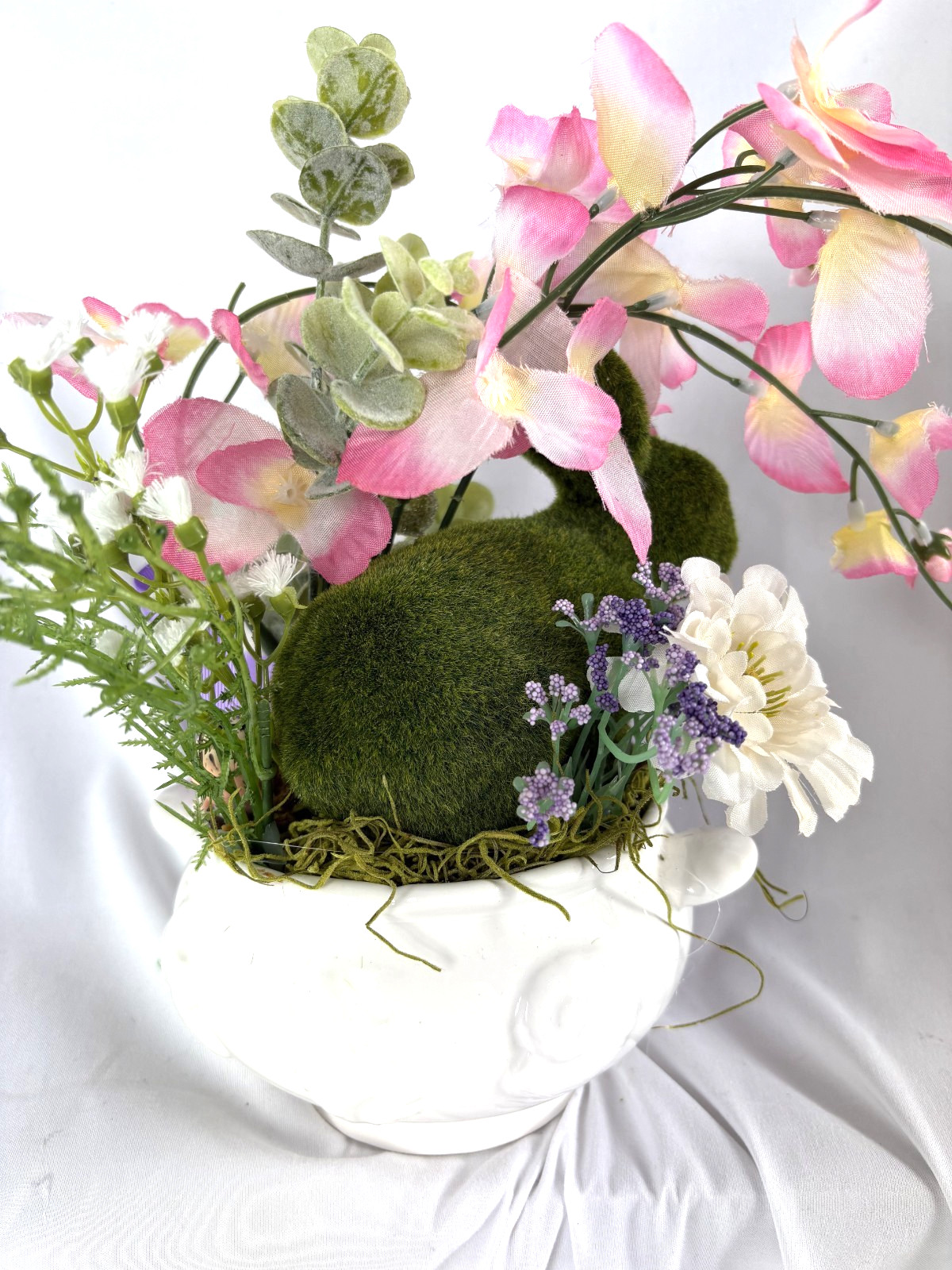 Spring Floral Arrangement Bunny Flowers Ceramic Bowl Easter Home Decor