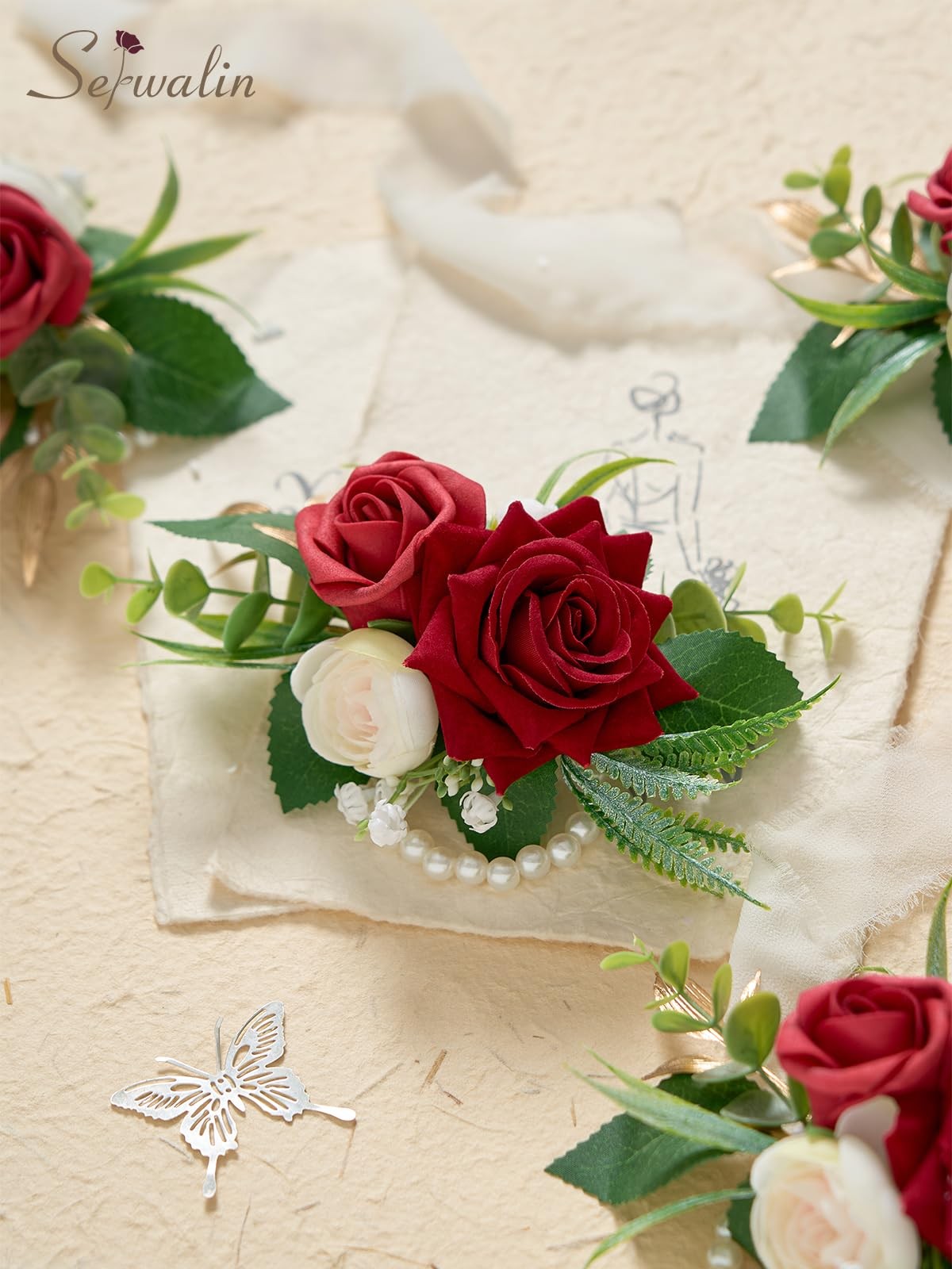 6 PCS Burgundy Wrist Corsage Wedding Roses Prom Homecoming Party Hand Decor