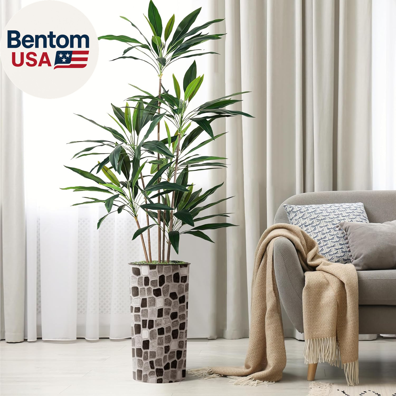 Artificial Tree in Modern Geometric Pattern Planter, Fake Dracaena Tree Silk Tre