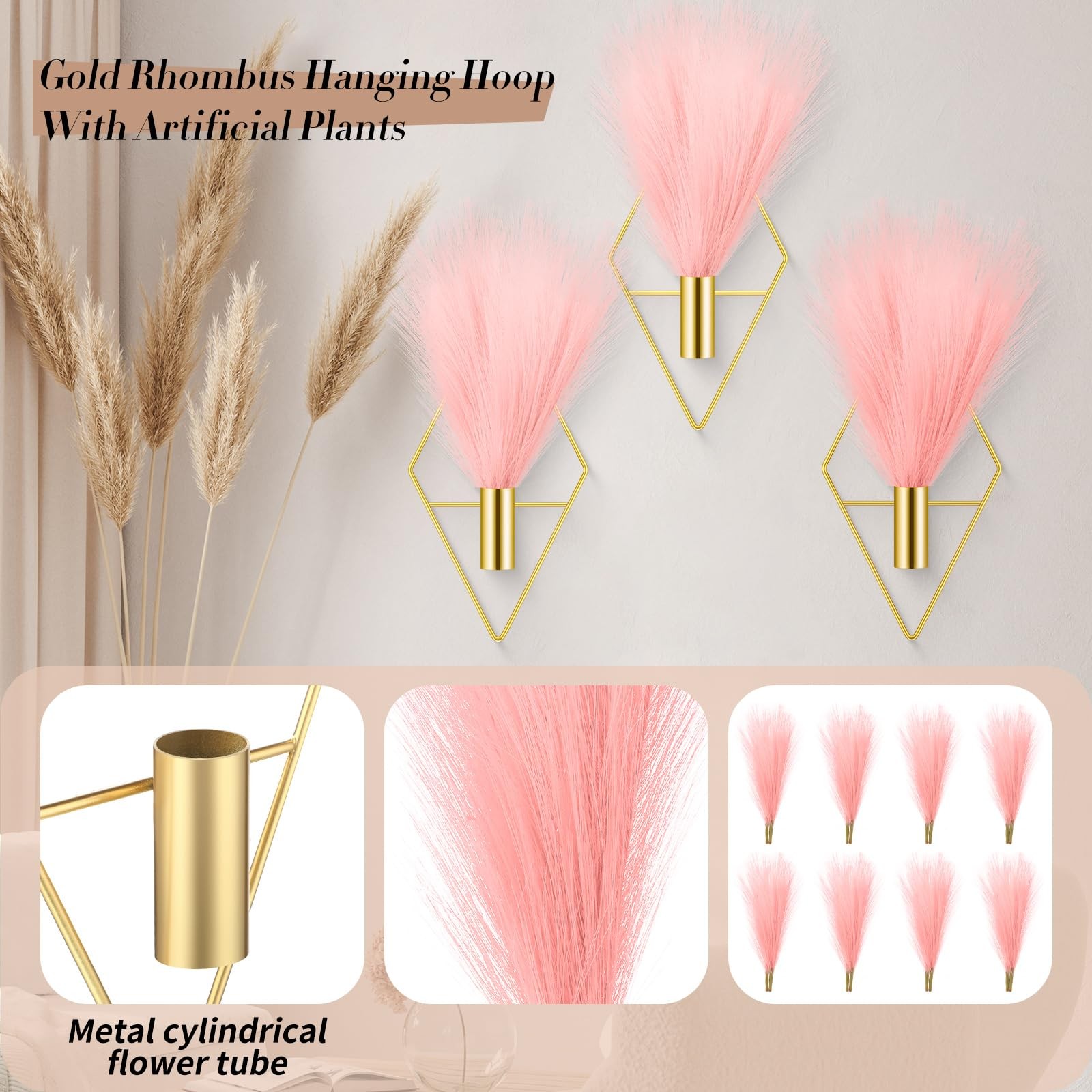 4 Sets Boho Wall Decor Metal Wall Art Hanging Planters with Artificial Pampas…