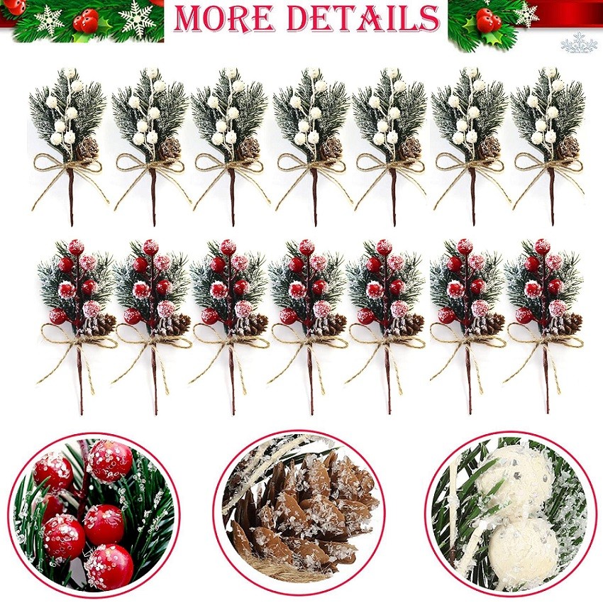 10Pcs Artificial Pine Cones And Berry Floral Picks For Christmas Tree Toppers US