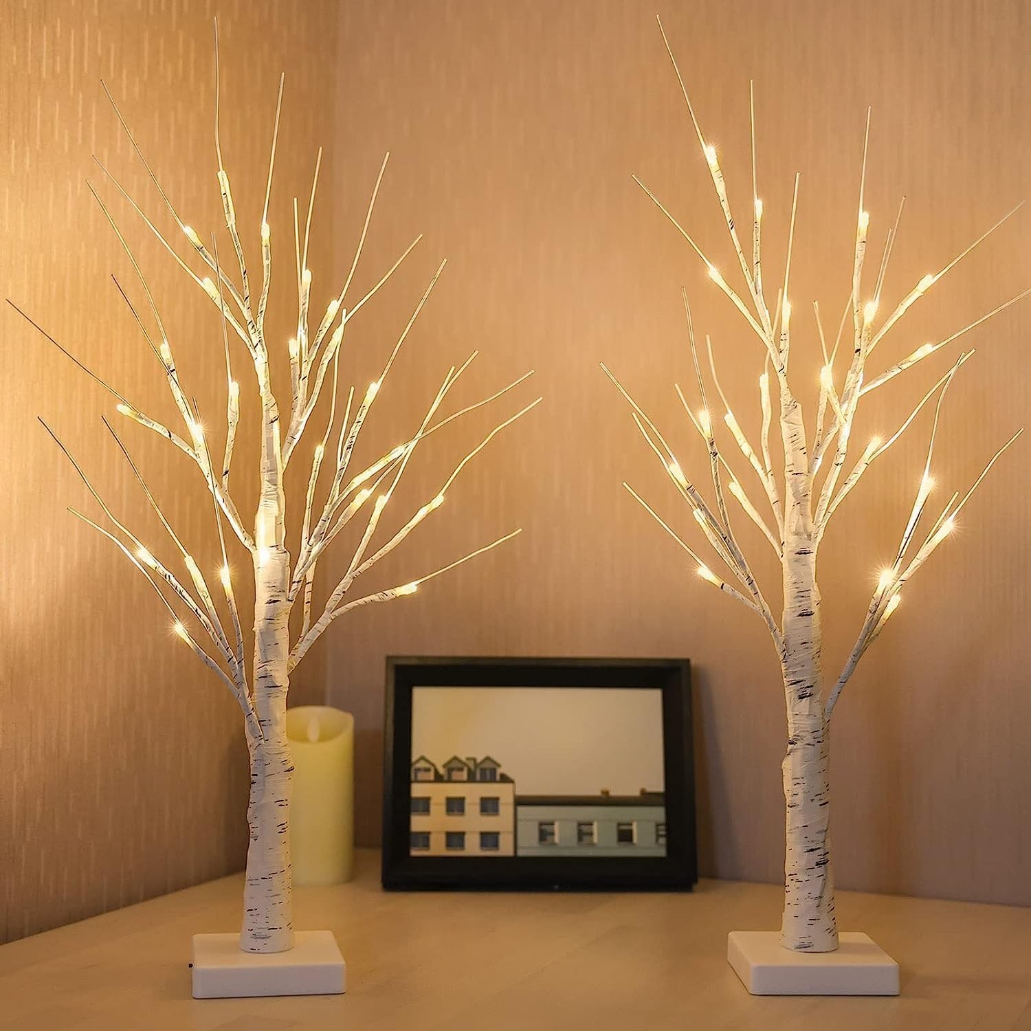 2 PCS 2 FT Lighted Birch Tree Timer Easter Decor 48 LED Tabletop Center