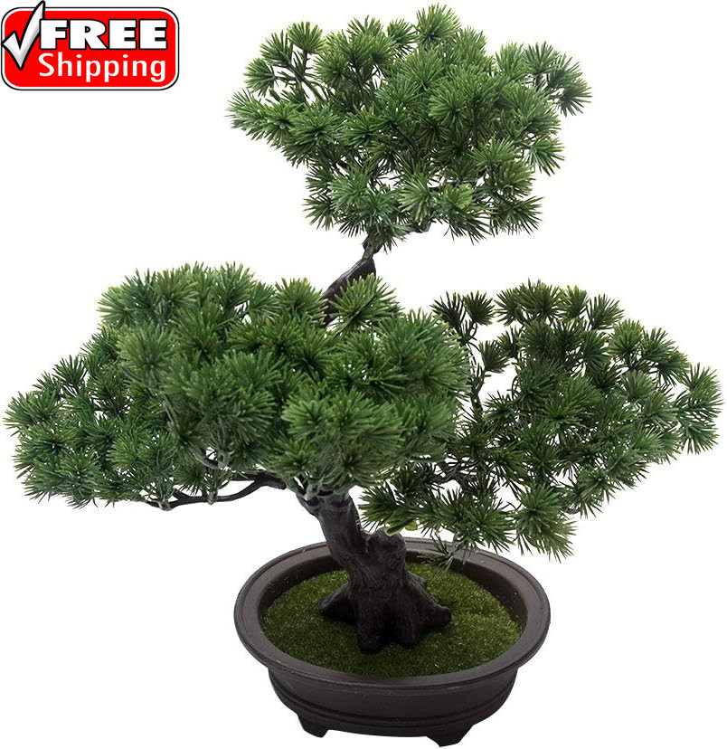 Artificial Bonsai Pine Tree, 11Inch Faux Potted Plant Desk Display Fake Tree Pot