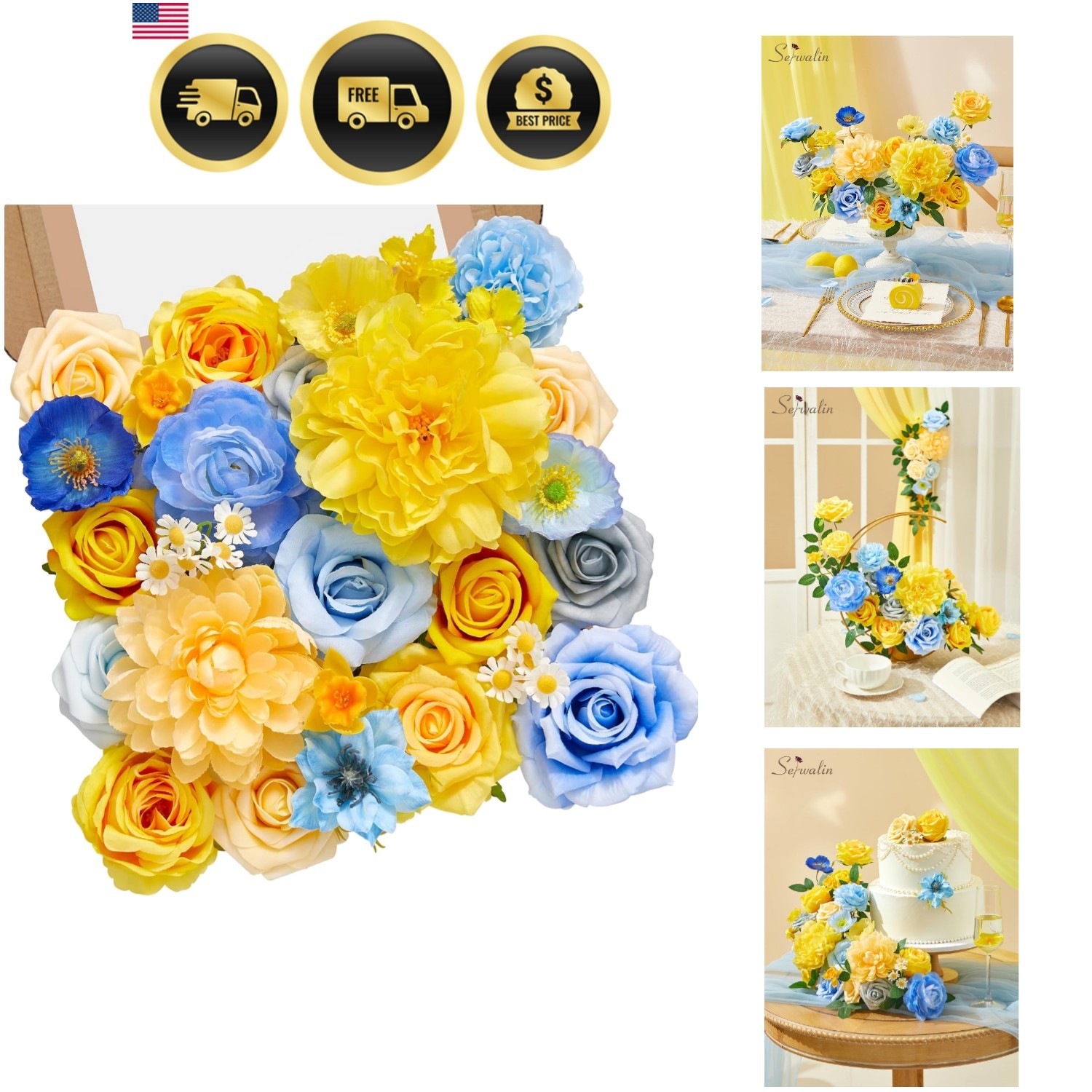Artificial Flowers Blue Yellow Silk Floral Decor for Wedding Party Home