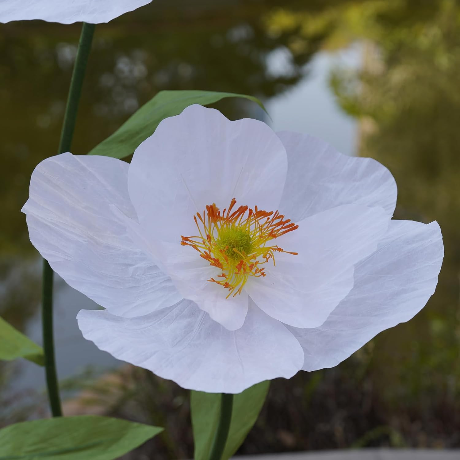 Giant White Paper Poppy Flowers for Home Decor & Events – Handcrafted Stand Incl