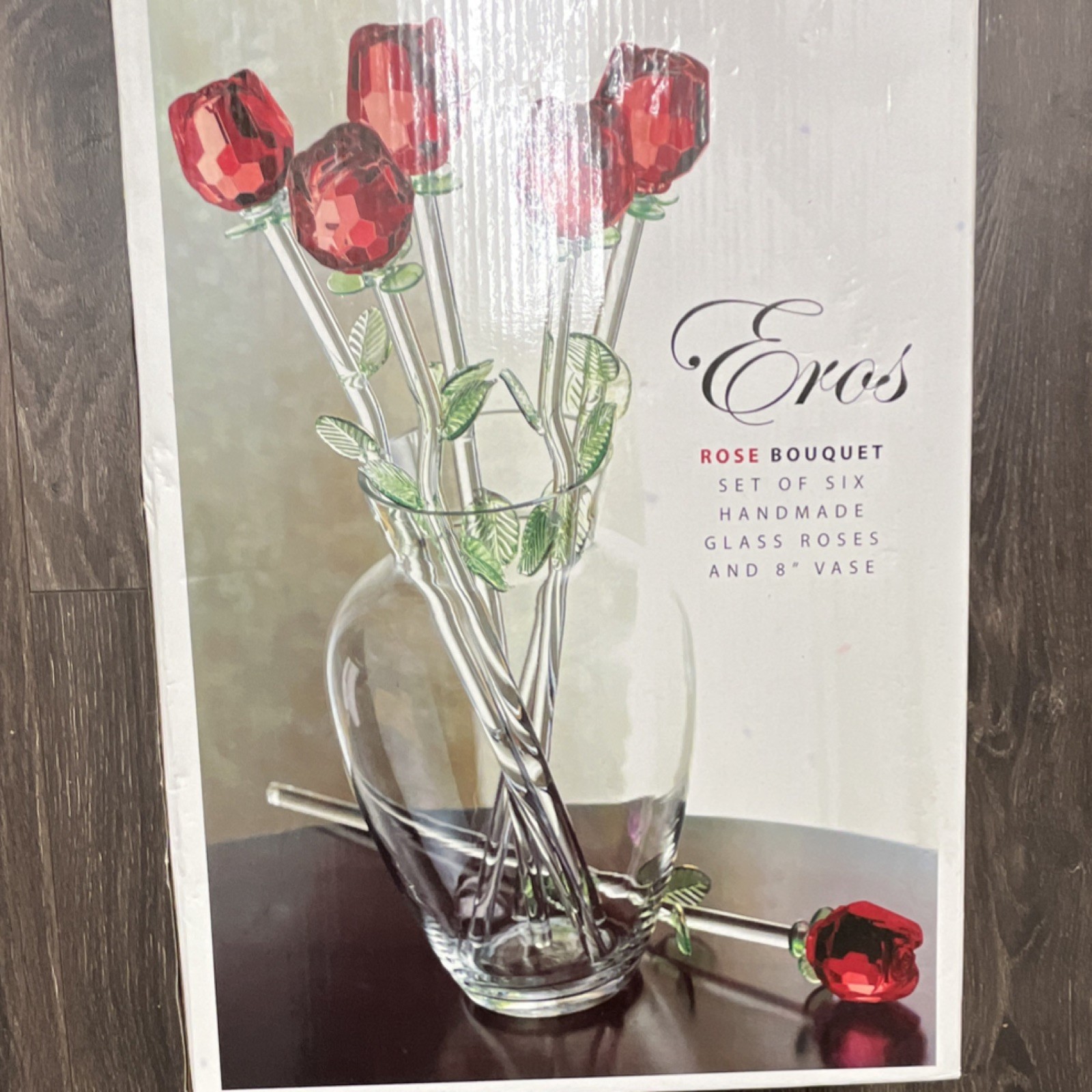 Eros Rose Bouquet Set of 6 Handmade Glass Roses in 8″ Vase Arrangement
