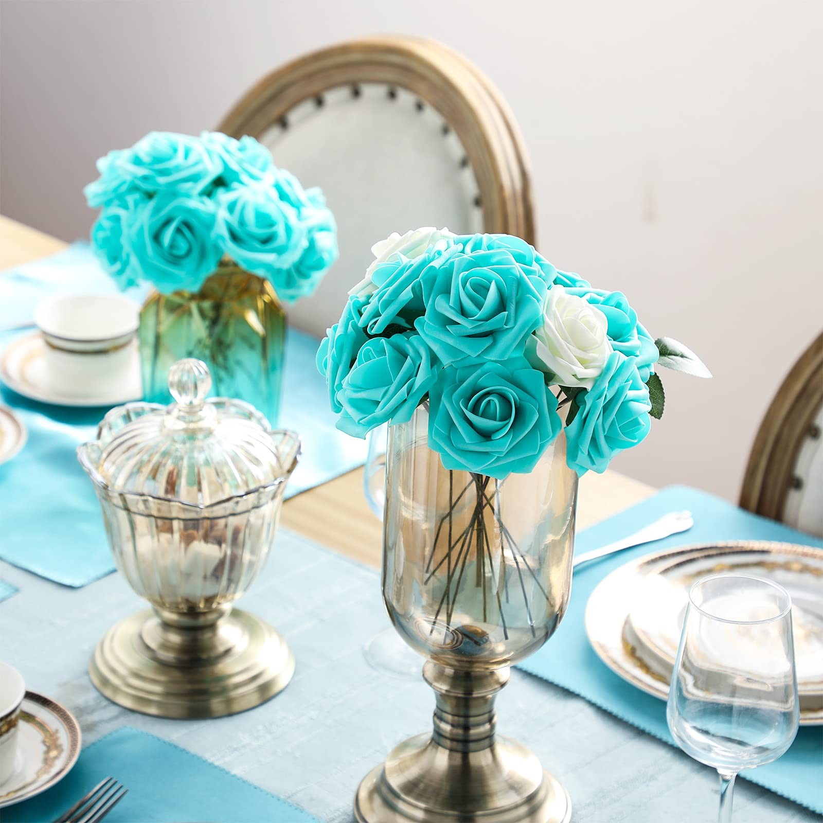 Artificial Foam Rose Flowers Vintage Fake Roses DIY Bouquets with Leaves and …