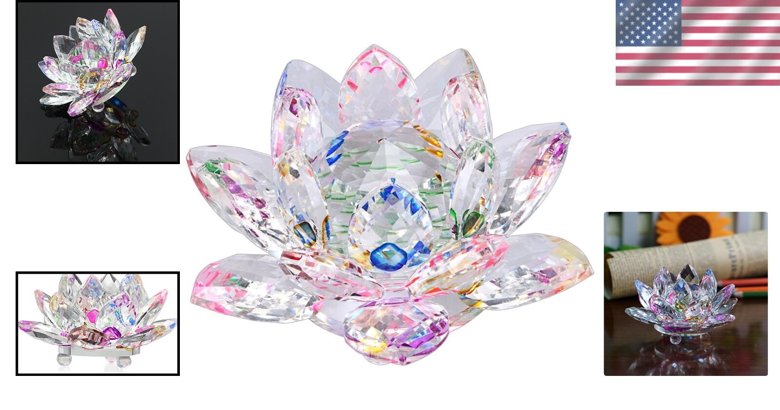 Sparkling Crystal Lotus Flower Sun Catcher – 3″ Multicolor Feng Shui Decor
