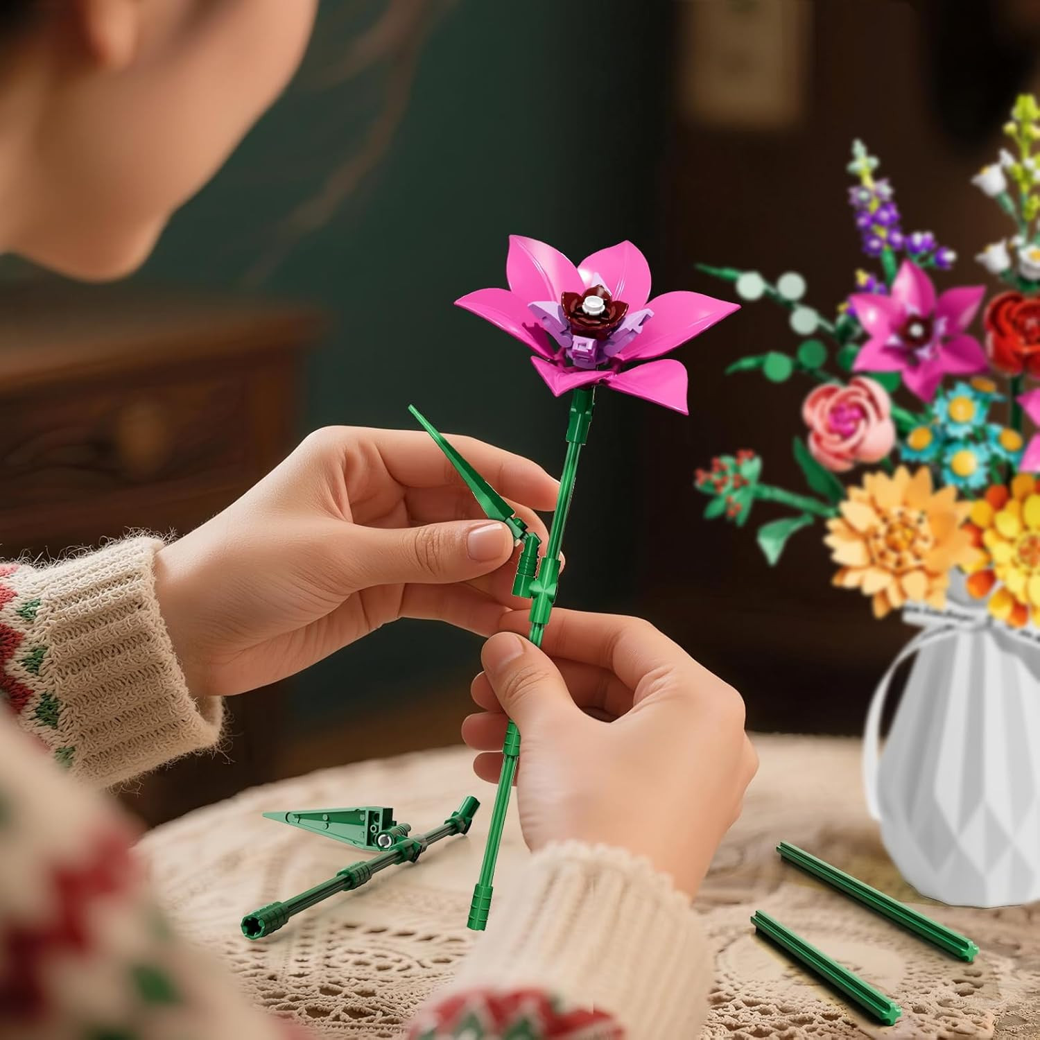 Flowers Bouquet Building Set,891Pcs Artificial Plant Flower Kit Toy for Kids, Ar